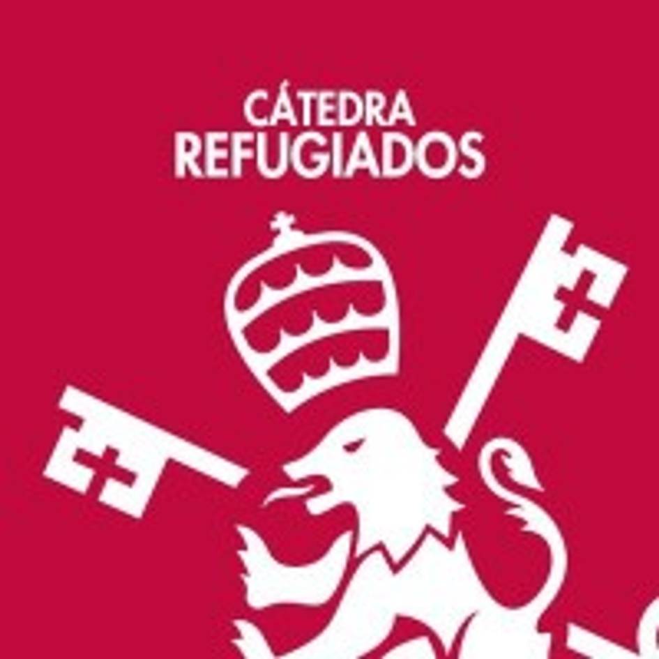 Logo de la Cátedra Refugiados con un fondo rojo y símbolos representativos.