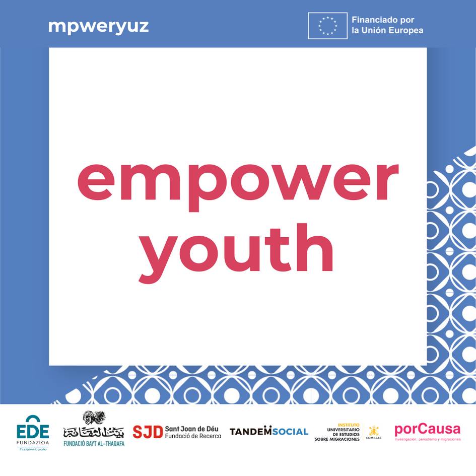A promotional poster with the text 'empower youth' in a bold, sans-serif typeface on a white background, surrounded by a decorative blue patterned border.