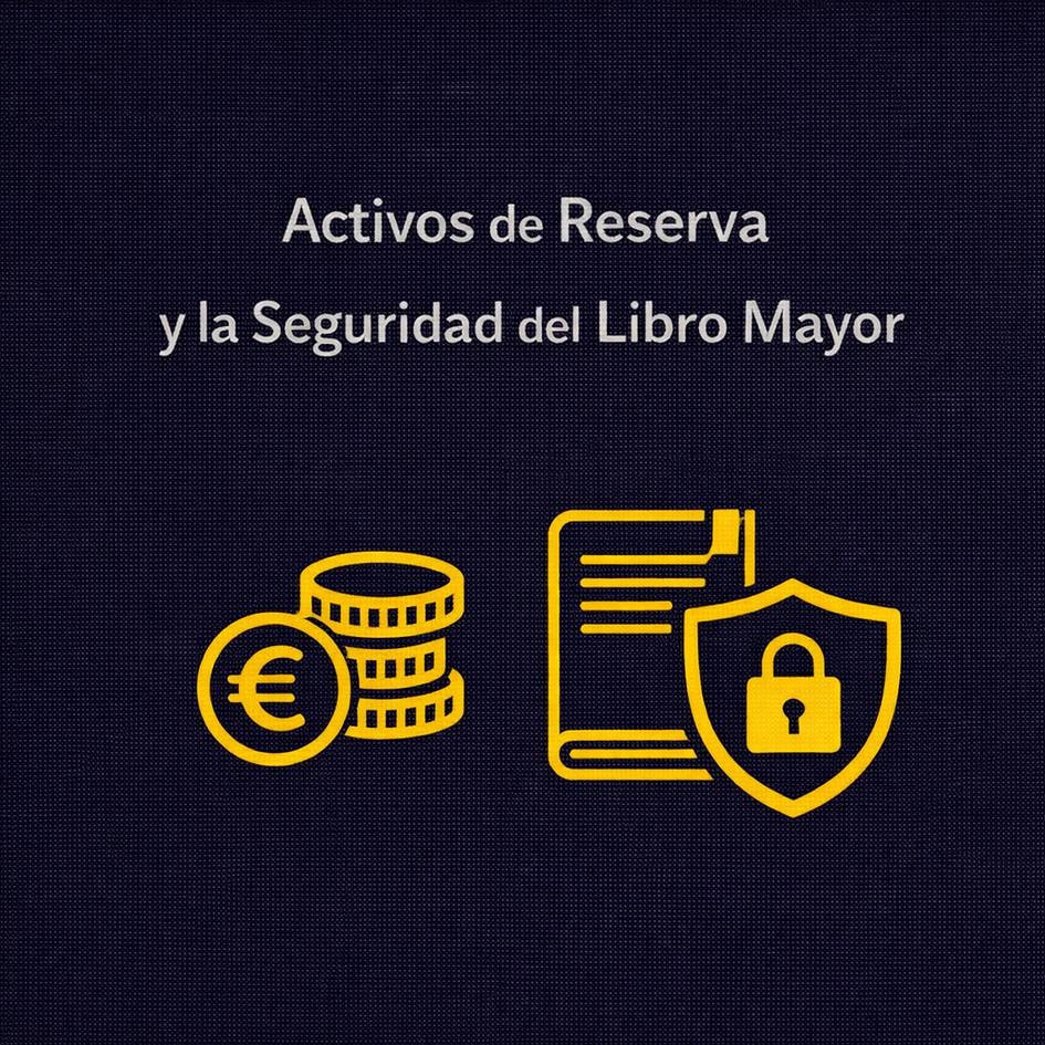 La imagen presenta un título sobre activos de reserva y la seguridad del libro mayor acompañado de íconos relacionados.