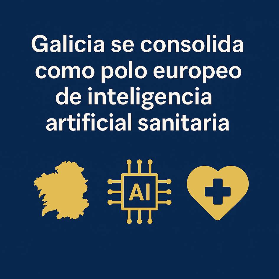 La imagen destaca a Galicia como un centro europeo de inteligencia artificial en el ámbito sanitario.