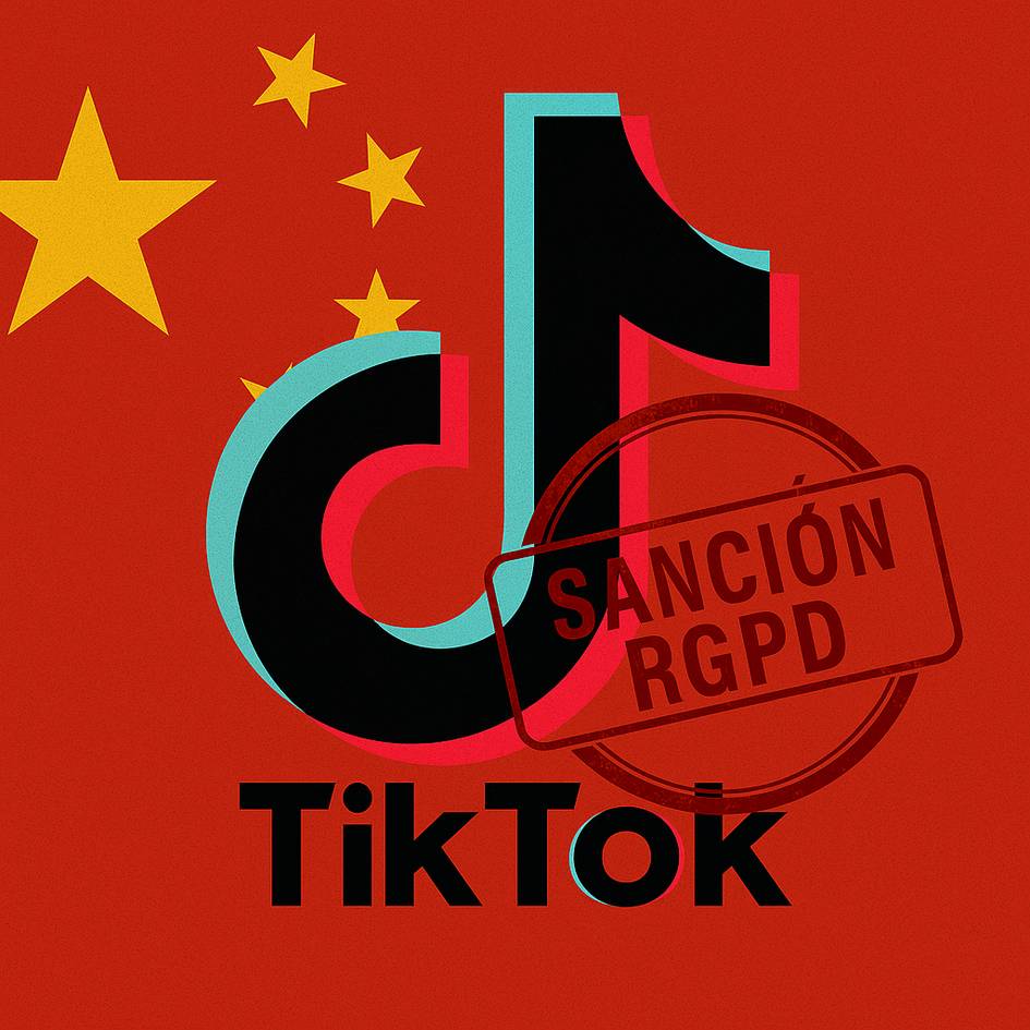 La imagen muestra el logo de TikTok con un sello que indica una sanción por RGPD y estrellas chinas de fondo.