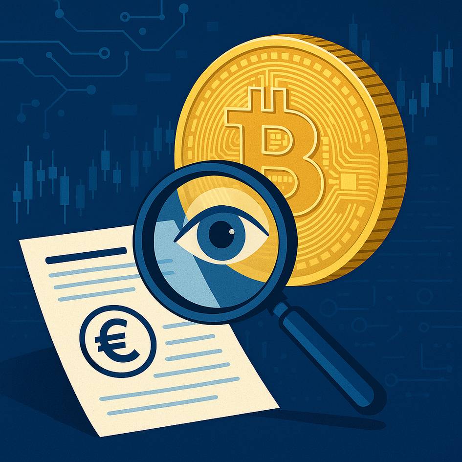 Una ilustración que representa un Bitcoin con una lupa sobre un documento con el símbolo del euro.