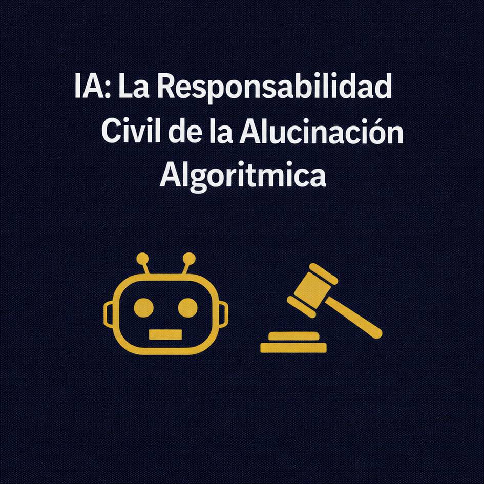 Una imagen que presenta el título sobre la responsabilidad civil relacionada con la aluciinación algorítmica y una ilustración de un robot y un martillo de juez.