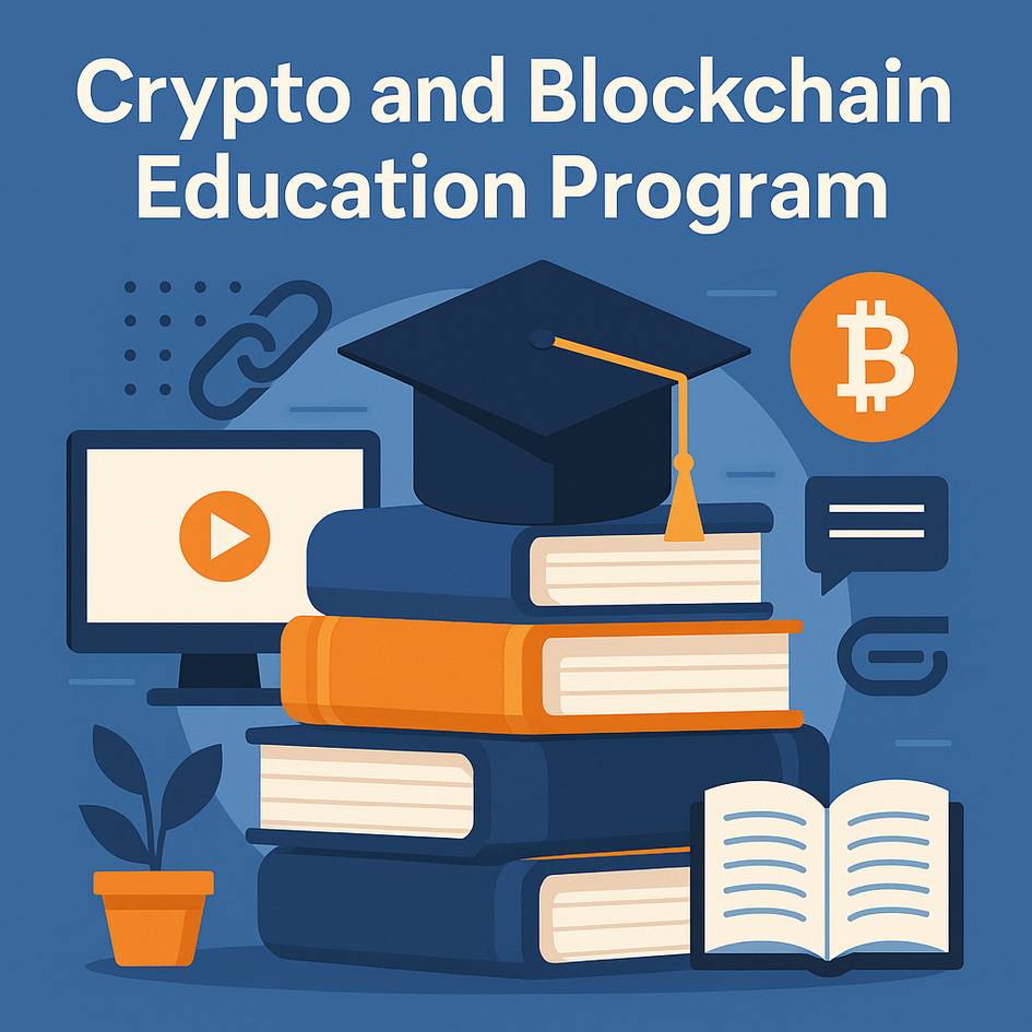 La imagen presenta un programa educativo sobre criptomonedas y blockchain, ilustrado con libros, un ordenador y un birrete académico.