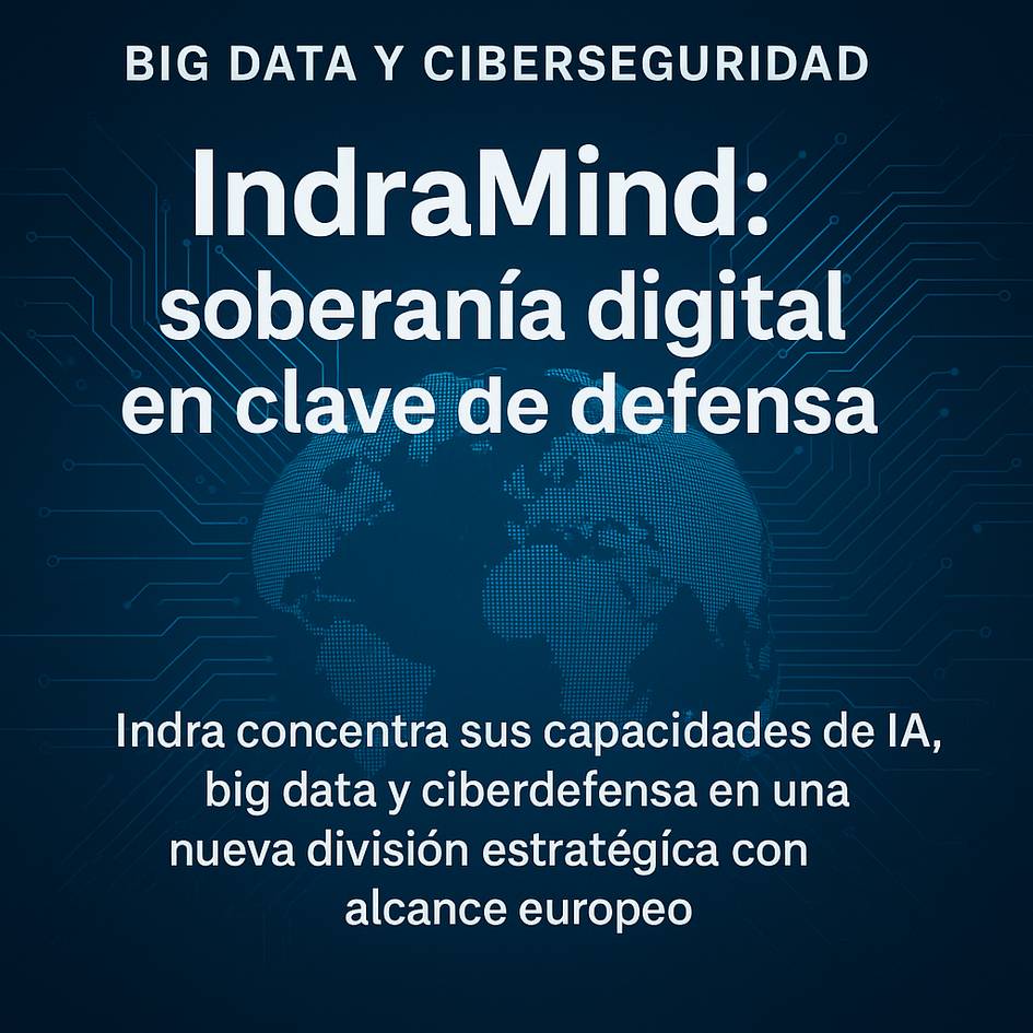 La imagen presenta un anuncio sobre la iniciativa IndraMind enfocada en la soberanía digital y ciberdefensa.