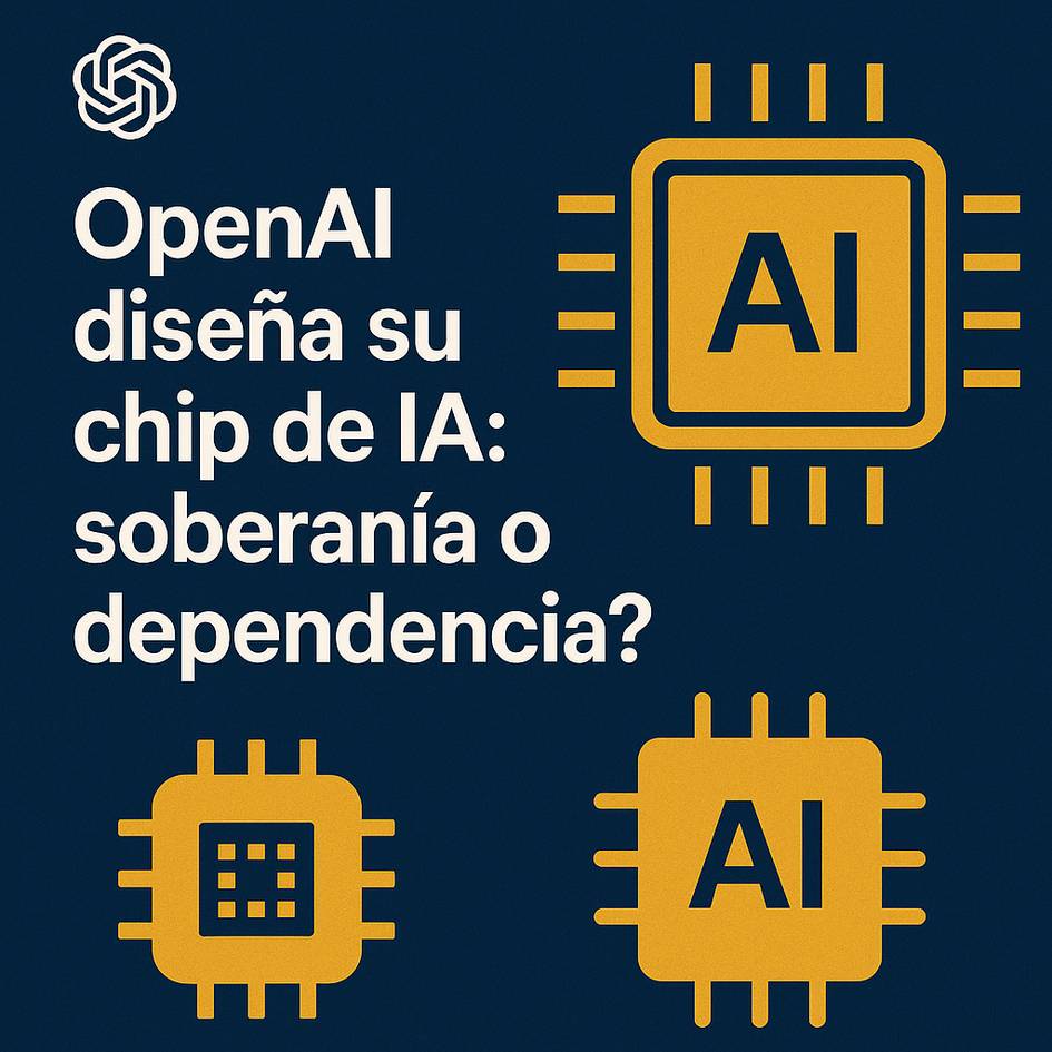 La imagen presenta un diseño gráfico relacionado con el chip de inteligencia artificial de OpenAI y plantea la cuestión de la soberanía o dependencia en su uso.