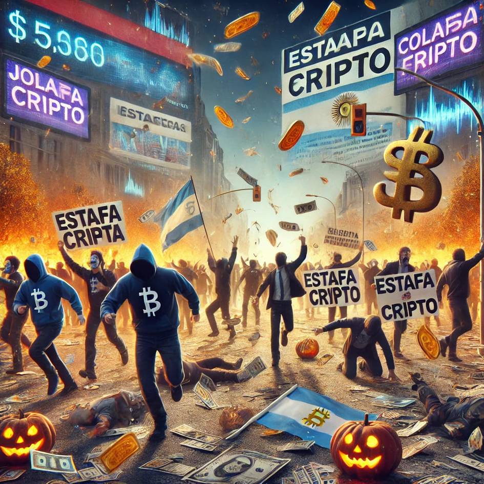 Una multitud corre en desespero mientras sostienen pancartas que denuncian estafas relacionadas con criptomonedas en un ambiente caótico lleno de dinero y referencias a precios.