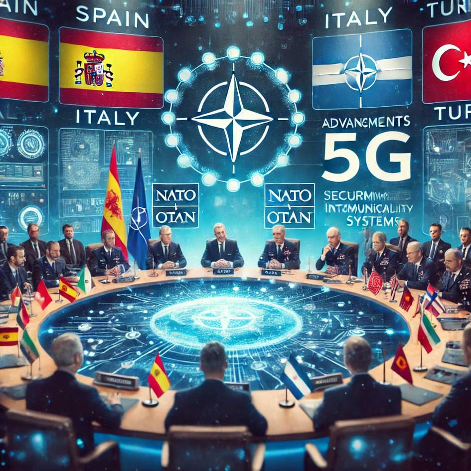 Una reunión de líderes de varios países en un contexto relacionado con la OTAN y la tecnología 5G.