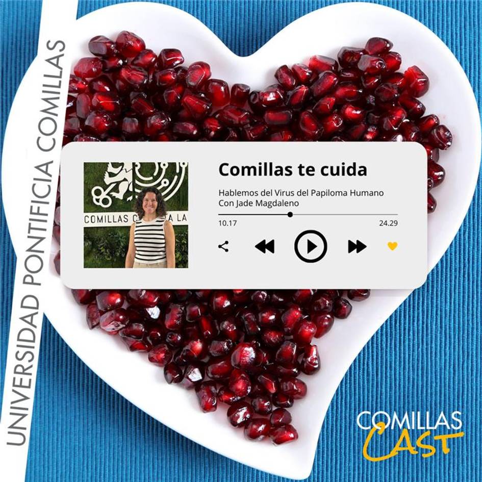 Una imagen que muestra un corazón hecho de granos de granada con un reproductor de audio colocado en el centro, promoviendo un podcast sobre salud.