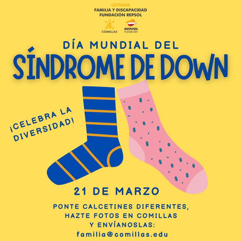 La imagen celebra el Día Mundial del Síndrome de Down con un diseño colorido que invita a usar calcetines diferentes.