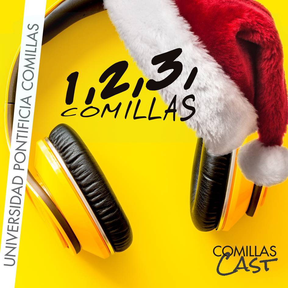 Una imagen de unos auriculares amarillos con un gorro de Navidad sobre ellos, acompañada de texto festivo relacionado con la Universidad Pontificia Comillas.