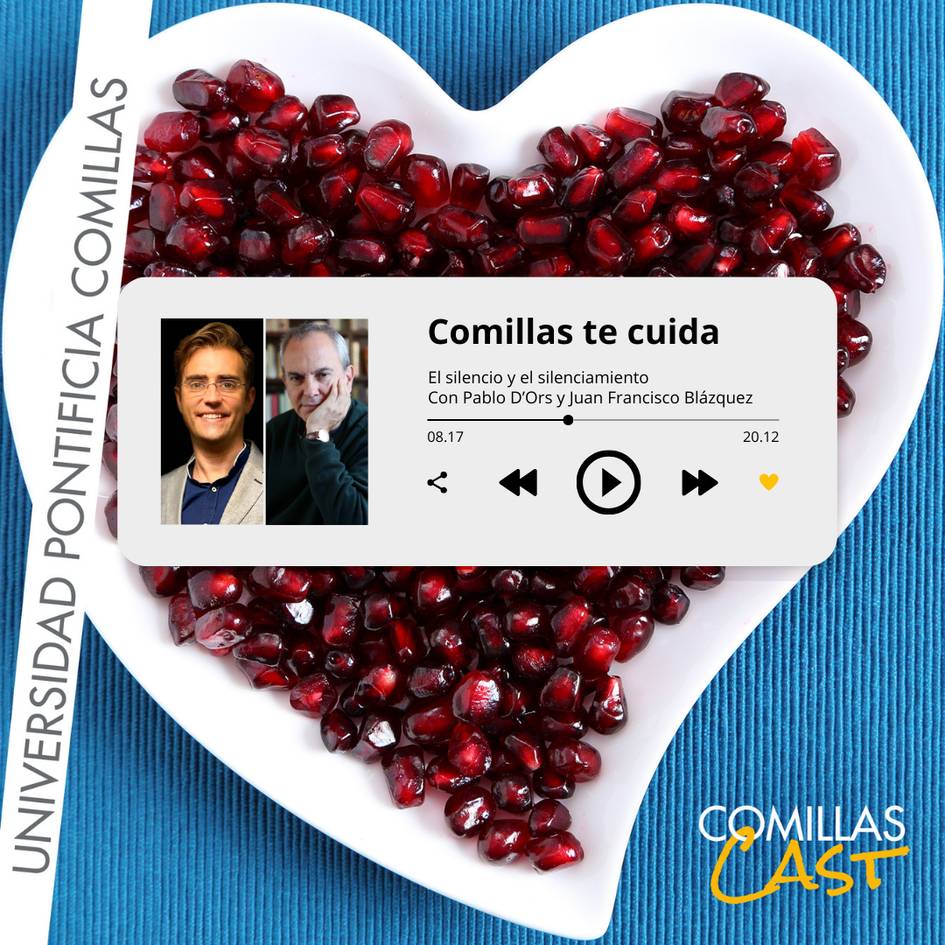 Imagen promocional de un podcast de la Universidad Pontificia Comillas, con una fotografía de dos hombres y controles de reproducción sobre un fondo de granos de granada.
