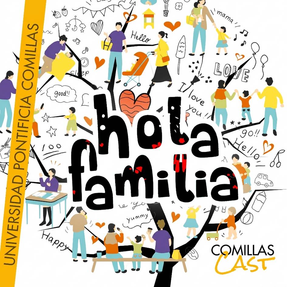 Imagen colorida que representa la frase 'Hola Familia' en un entorno lleno de dibujos de personas y elementos familiares.