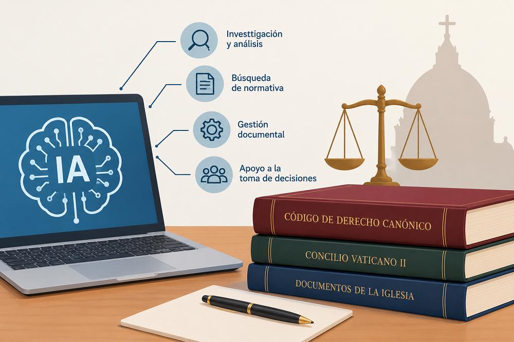 La imagen muestra una computadora portátil con un ícono relacionado con la inteligencia artificial junto a libros jurídicos y una balanza.