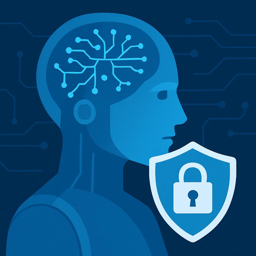 Una figura humana con un cerebro digital y un símbolo de candado, representando la ciberseguridad y la tecnología.