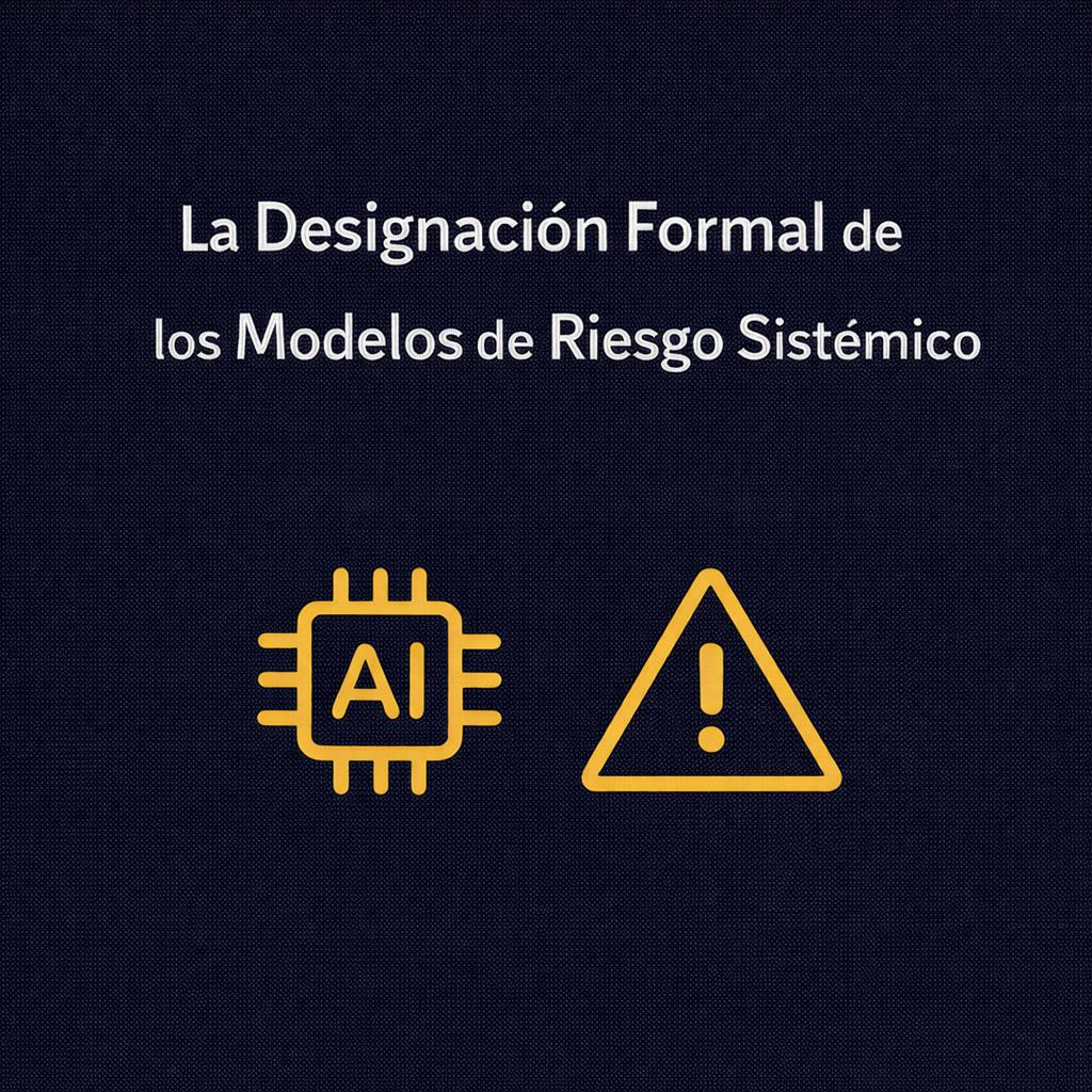 Una imagen que presenta la designación formal de los modelos de riesgo sistémico con símbolos relacionados con inteligencia artificial y alerta.