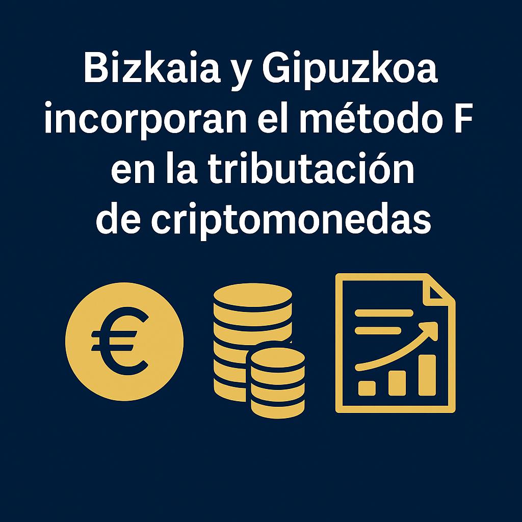 La imagen anuncia la incorporación del método F en la tributación de criptomonedas en Bizkaia y Gipuzkoa.