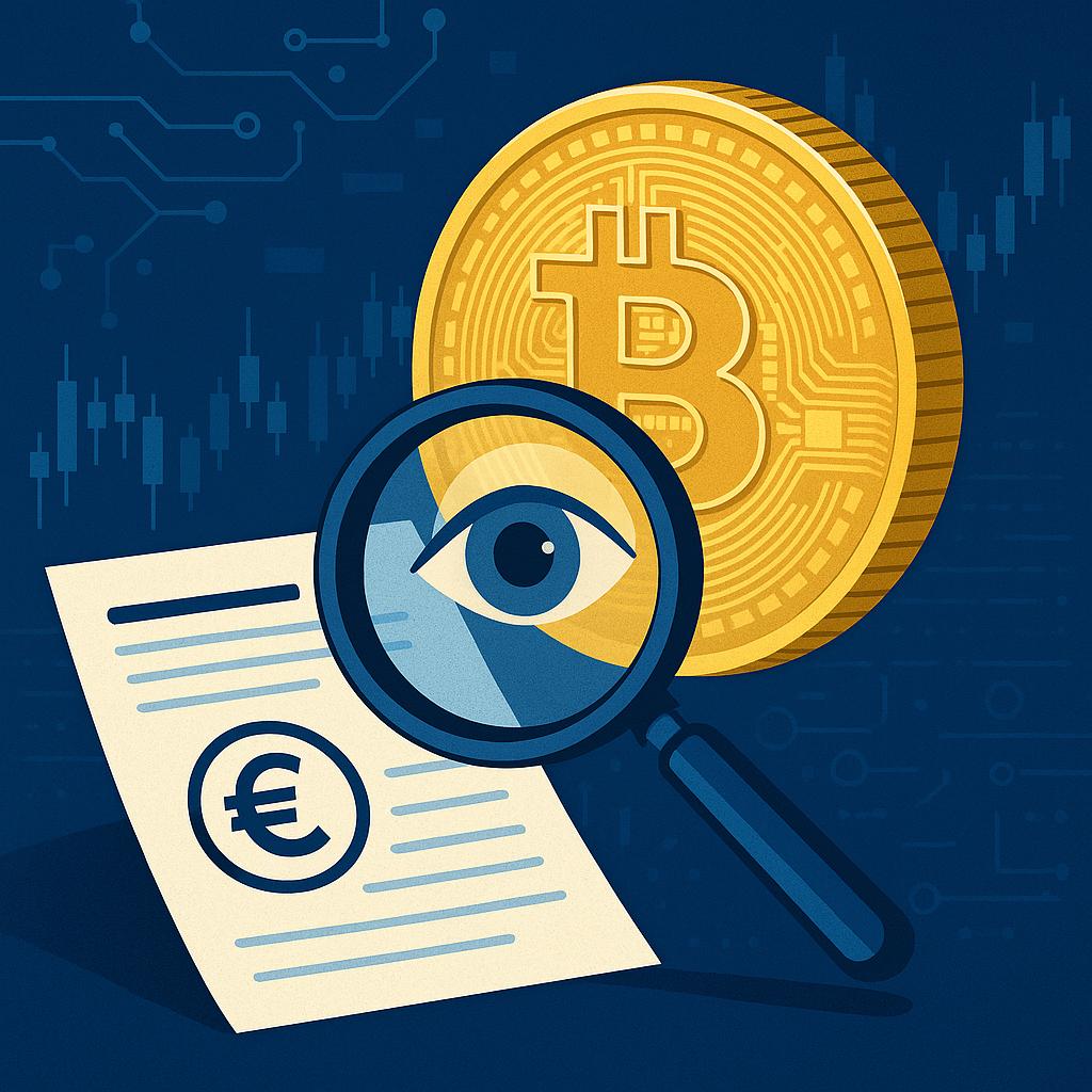 Una ilustración que representa un Bitcoin con una lupa sobre un documento con el símbolo del euro.