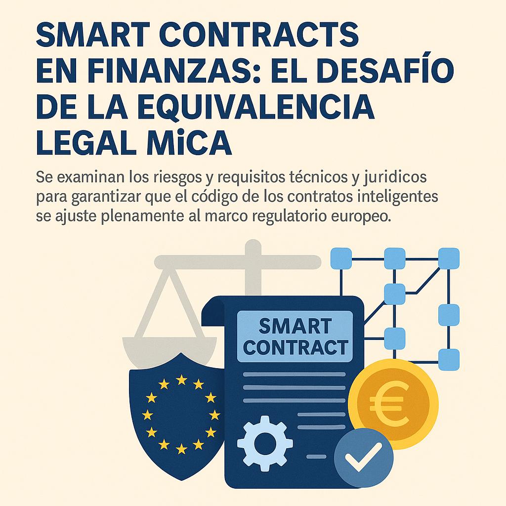 La imagen aborda el tema de los contratos inteligentes y su equivalencia legal en las finanzas según la normativa MiCA.