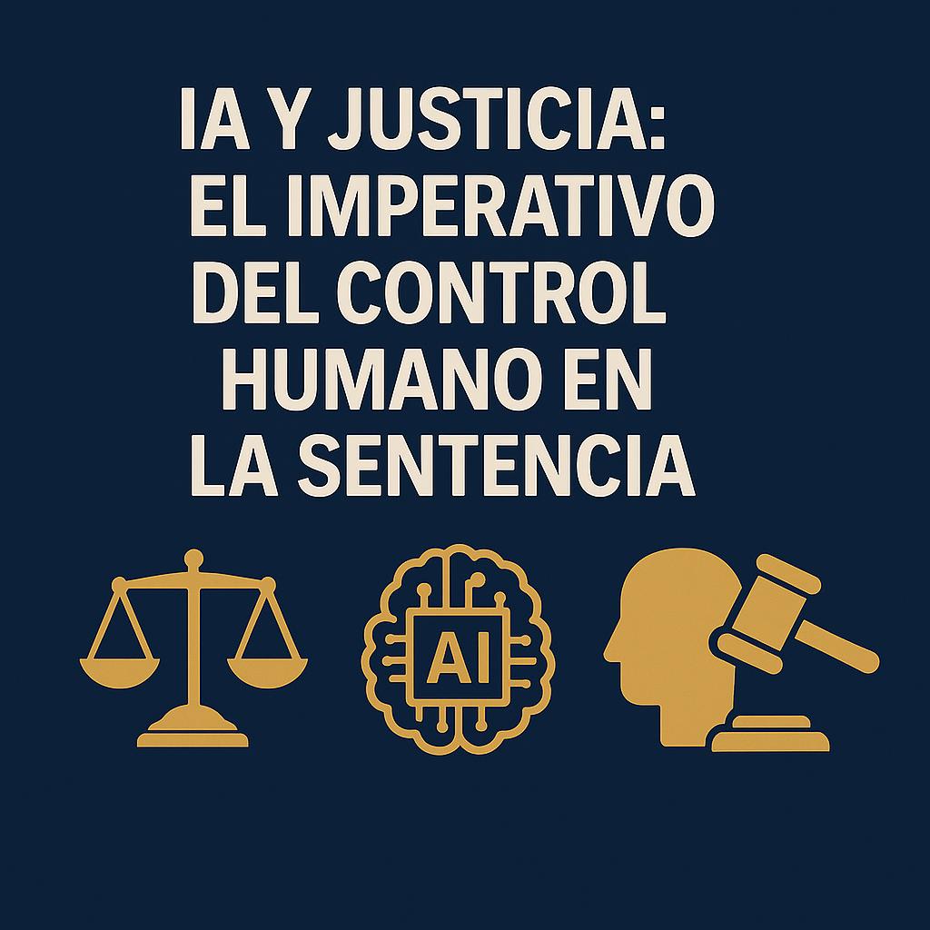 Imagen que aborda el tema de la inteligencia artificial y su relación con la justicia y el control humano en las decisiones judiciales.