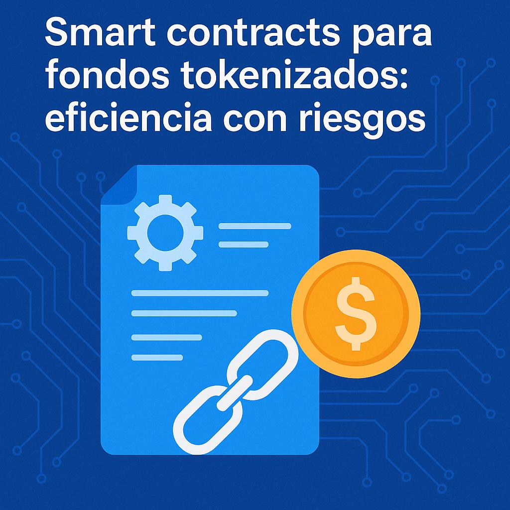 La imagen presenta un texto sobre contratos inteligentes para fondos tokenizados, destacando su eficiencia y riesgos.