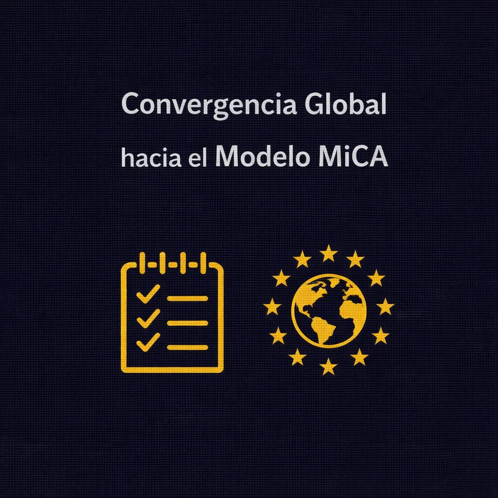 La imagen presenta el texto 'Convergencia Global hacia el Modelo MiCA' junto a iconos relacionados con tareas y el globo terráqueo.