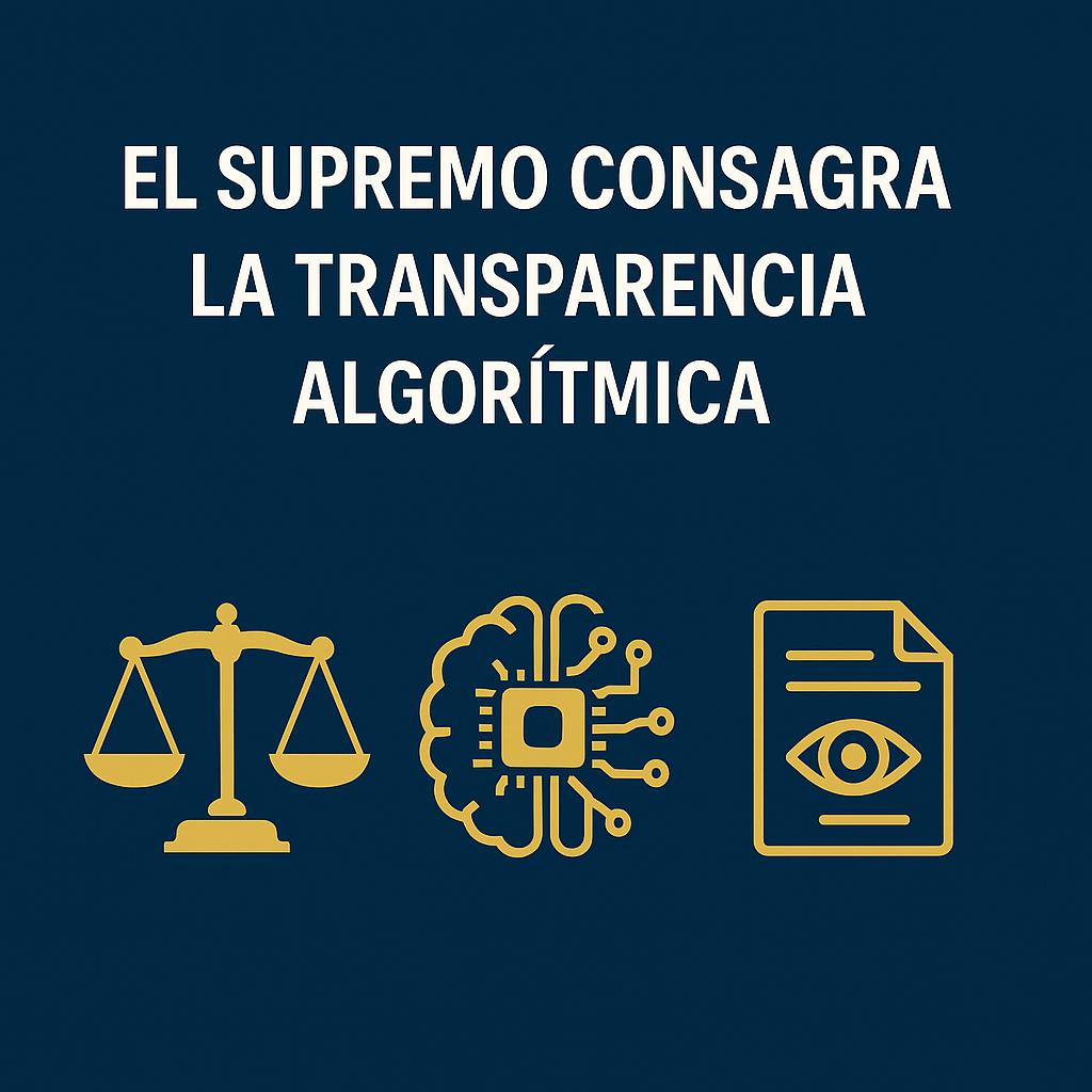 La imagen presenta un mensaje sobre la transparencia algorítmica con iconos representativos.