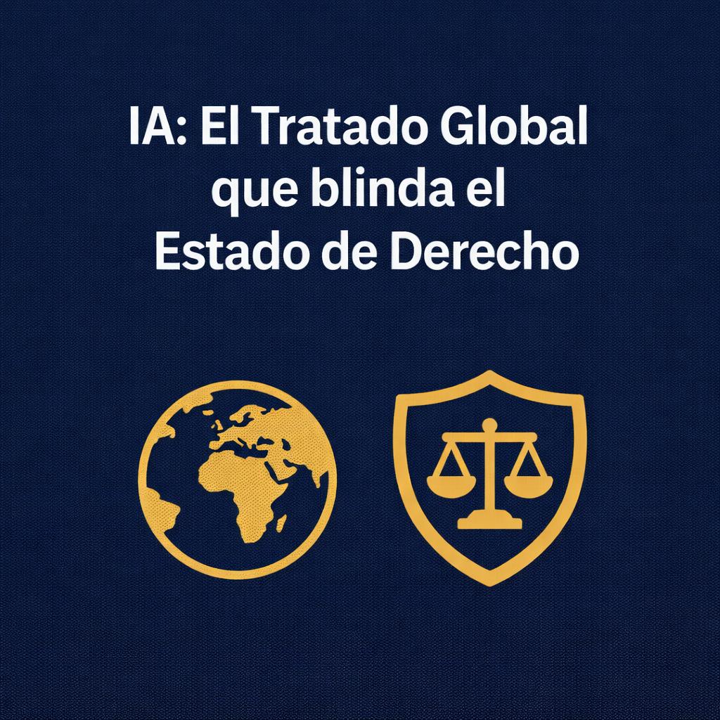 Imagen que presenta el Tratado Global que protege el Estado de Derecho, con íconos de un globo terráqueo y una balanza.