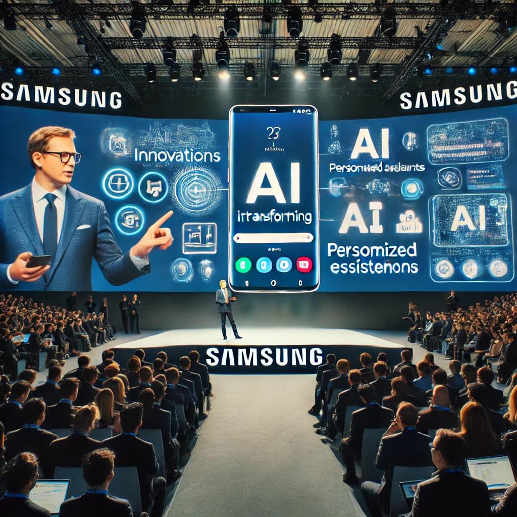 Una presentación de Samsung sobre innovaciones en inteligencia artificial con un orador frente a una audiencia.