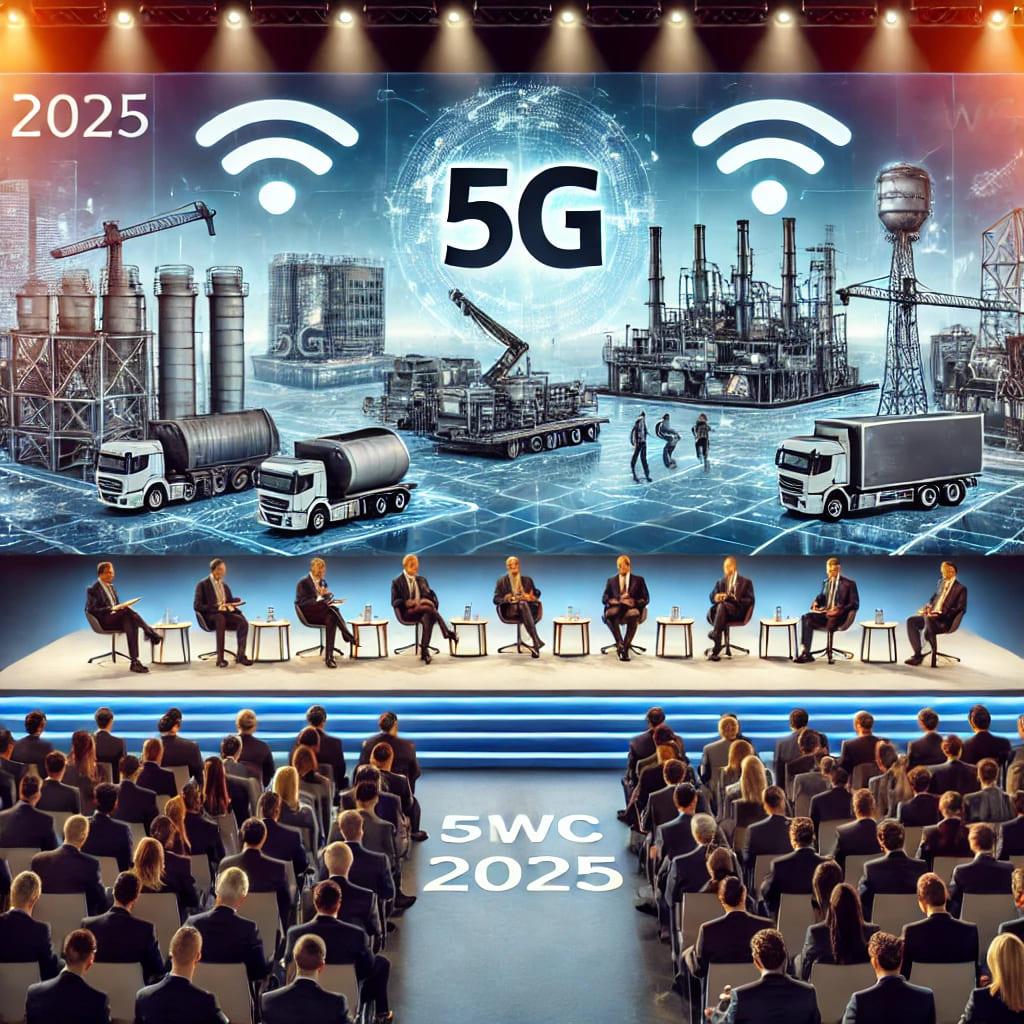 La imagen muestra una conferencia sobre tecnología 5G con un panel de expertos y una gran pantalla detrás que exhibe infraestructura industrial.