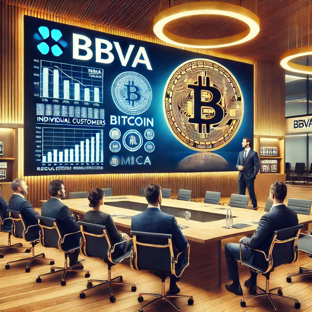 Una sala de juntas con un presentador frente a una pantalla que muestra información sobre Bitcoin y el logo de BBVA.