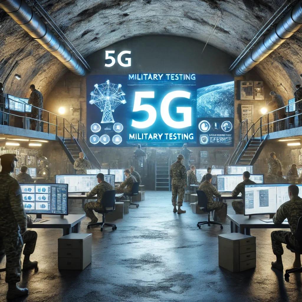 Un centro de pruebas militares dedicado a la tecnología 5G con personal operativo y pantallas informativas.