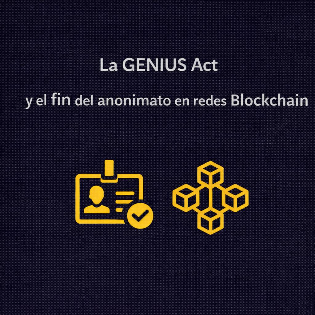 La imagen presenta el tema del Genius Act y su impacto en el anonimato en las redes blockchain.