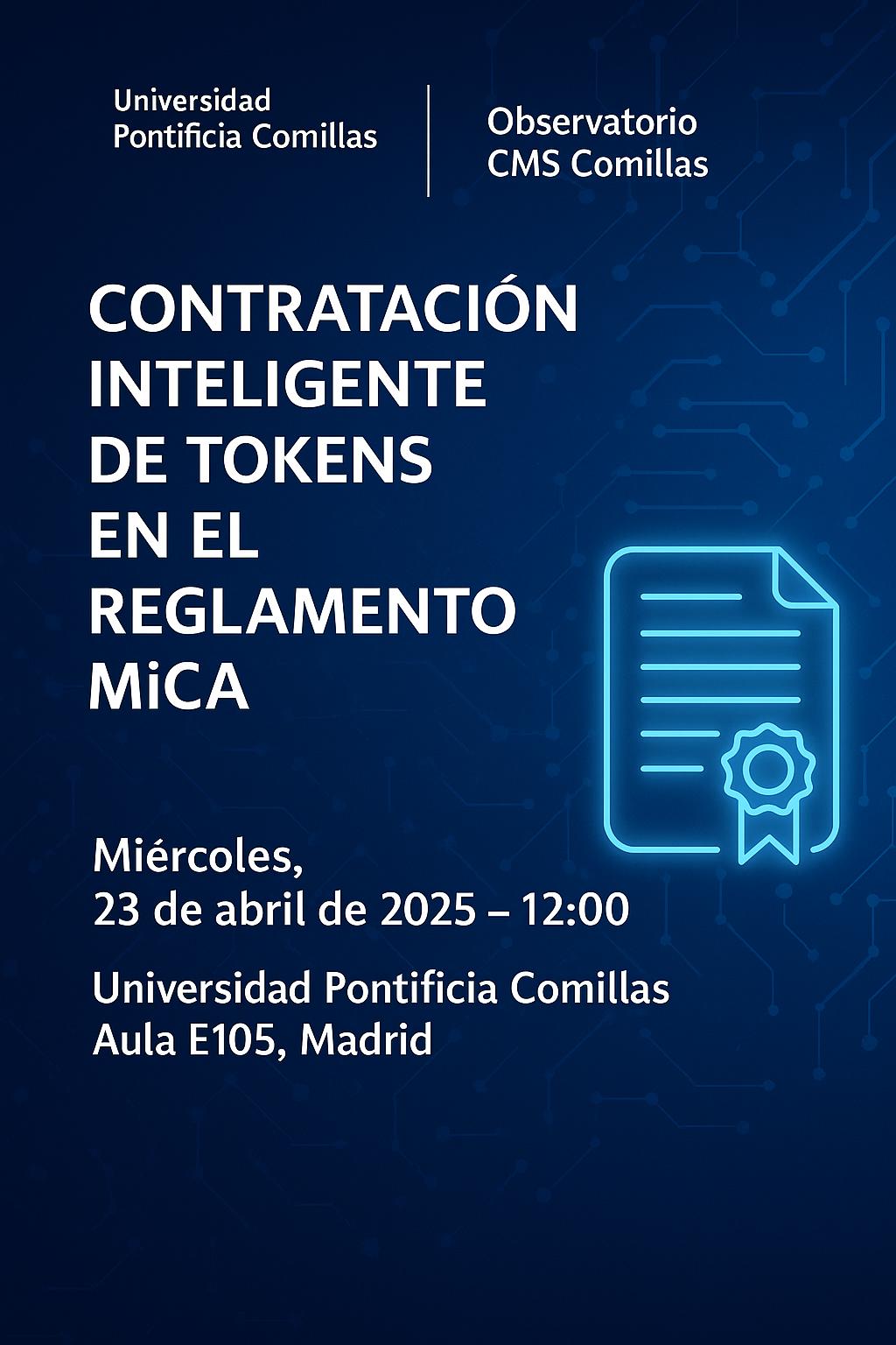 Anuncio sobre la contratación inteligente de tokens en el reglamento MiCA en una universidad.