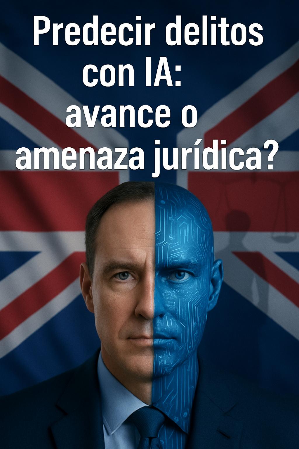 La imagen presenta una reflexión sobre la predicción de delitos utilizando inteligencia artificial en un contexto legal británico.