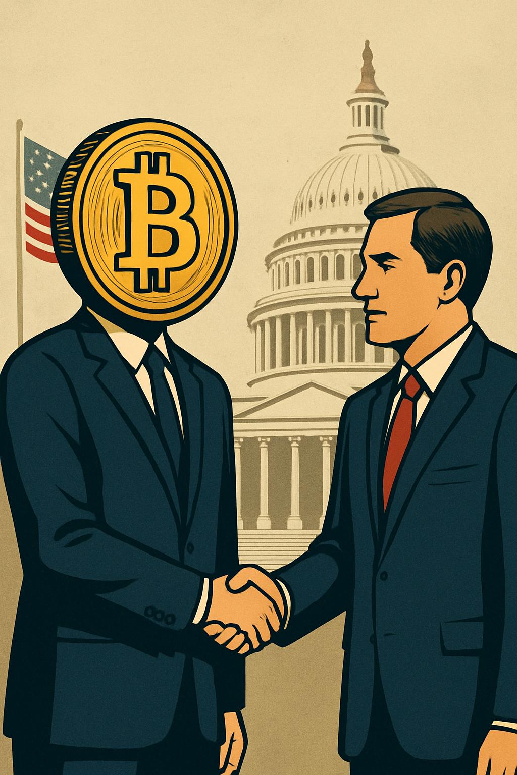 La imagen muestra a un personaje con una cabeza de moneda de Bitcoin estrechando la mano de un hombre en un entorno gubernamental.