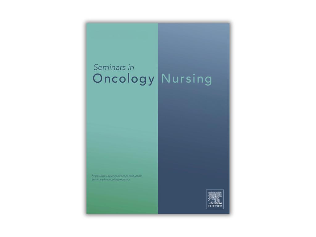 Portada de una revista titulada 'Seminars in Oncology Nursing' con un diseño en dos tonos de verde y azul.