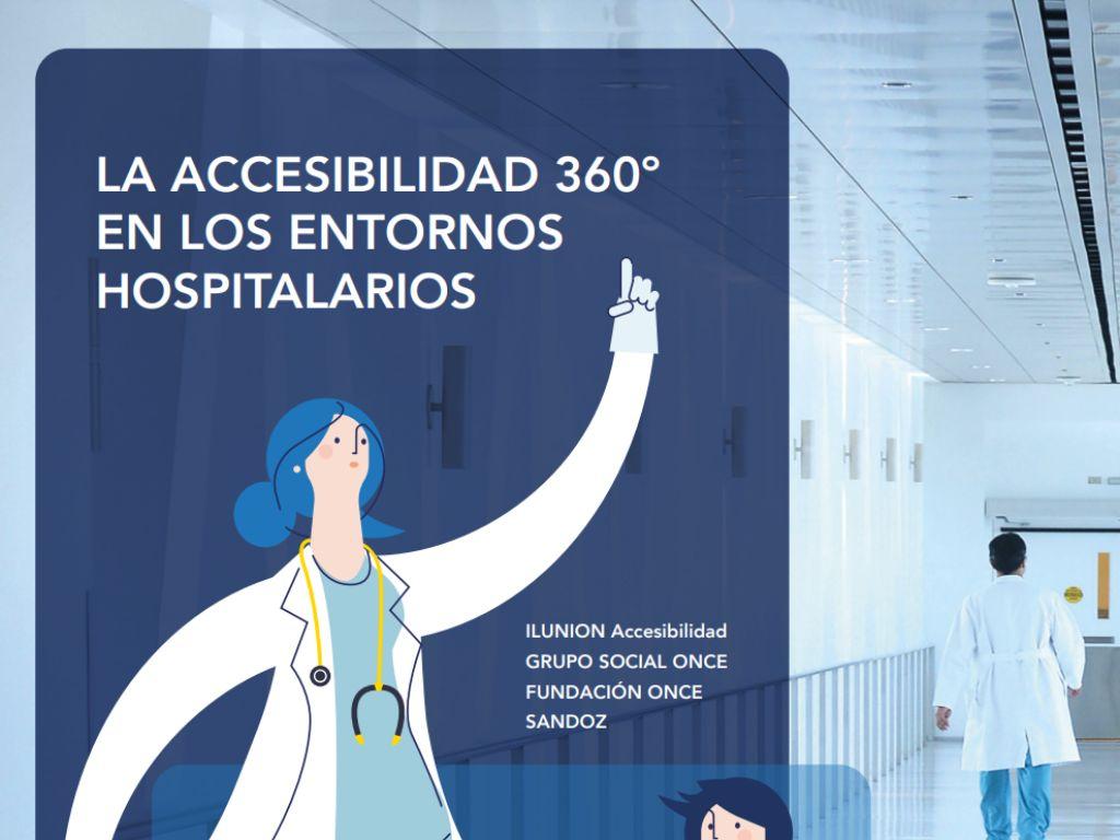 Illustrative poster showing a female nurse interacting with a technology interface in a hospital corridor, with text about 360-degree accessibility in hospital environments.