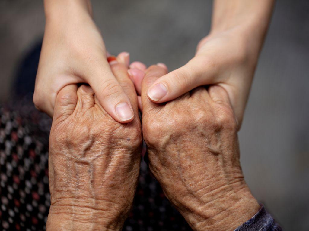 Las manos se entrelazan, mostrando un vínculo intergeneracional y afecto entre dos personas.