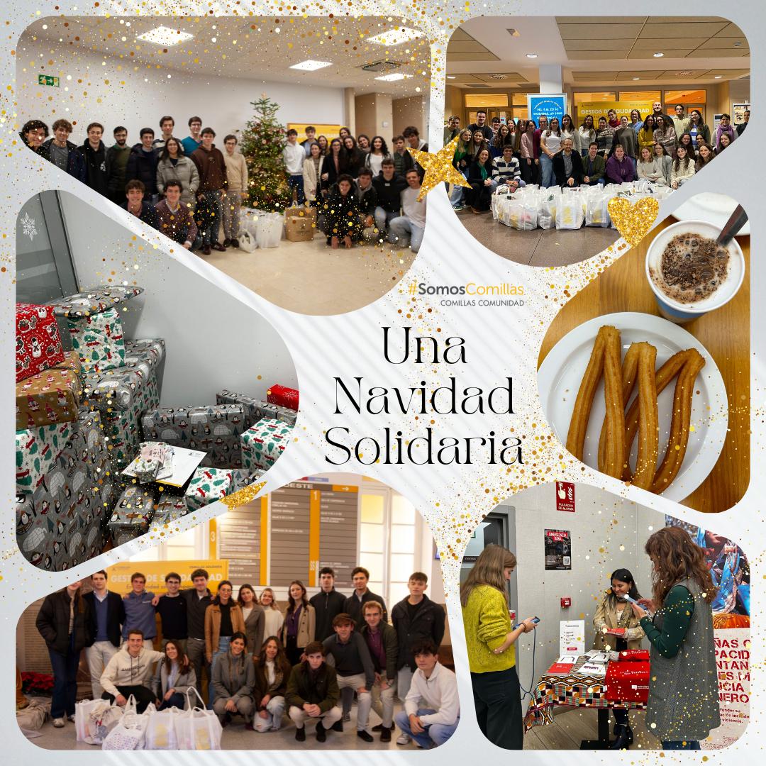 Un collage de fotos que muestra celebraciones y comidas típicas navideñas, junto con actividades solidarias.