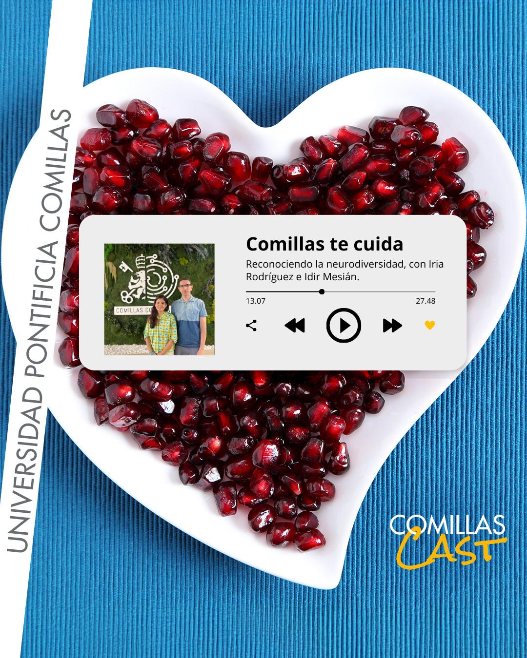 Una imagen con granos de granada en forma de corazón y un reproductor de audio relacionado con la neurodiversidad.