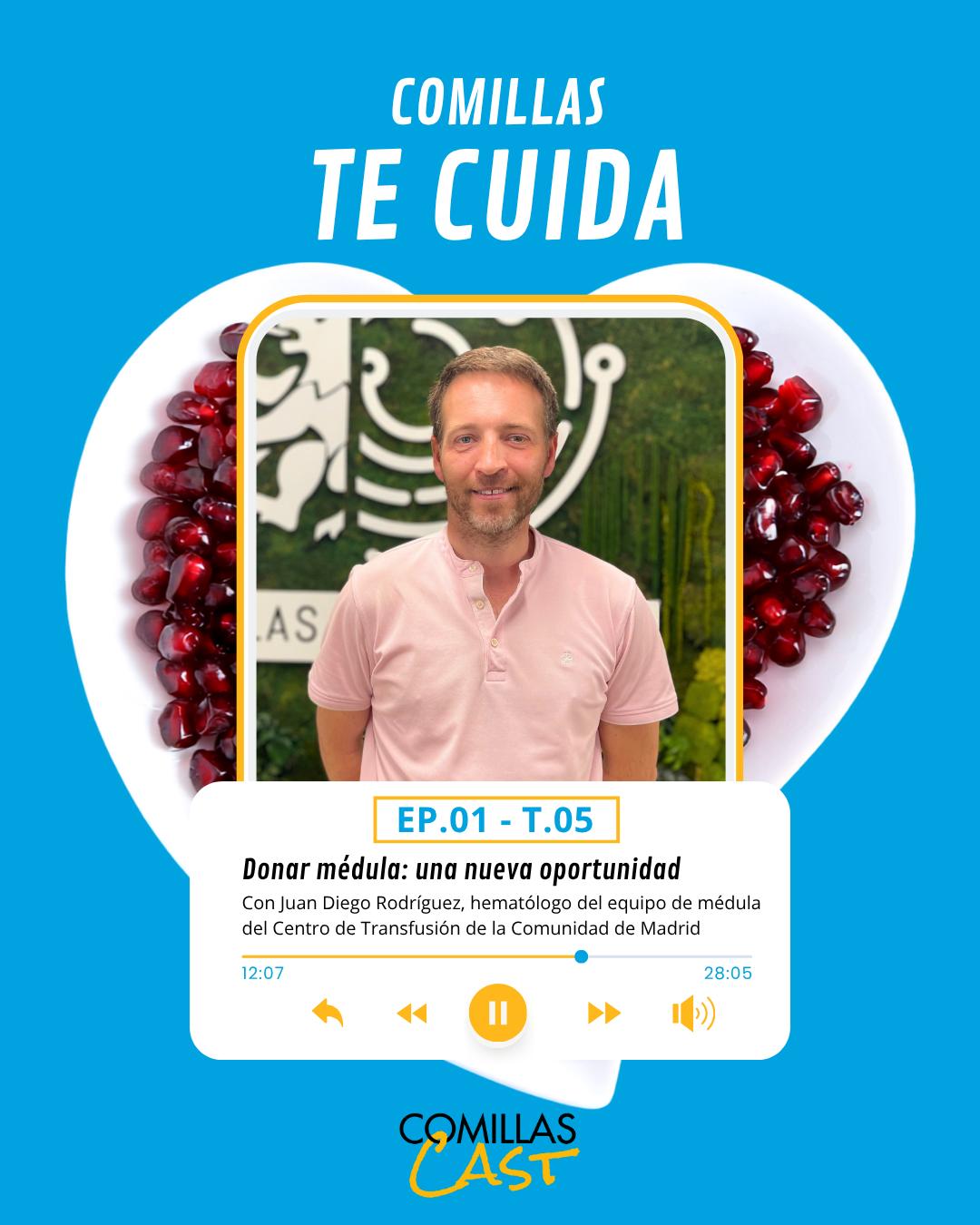 Una imagen promocional del podcast 'COMILLAS TE CUIDA' que presenta al invitado Juan Diego Rodríguez.
