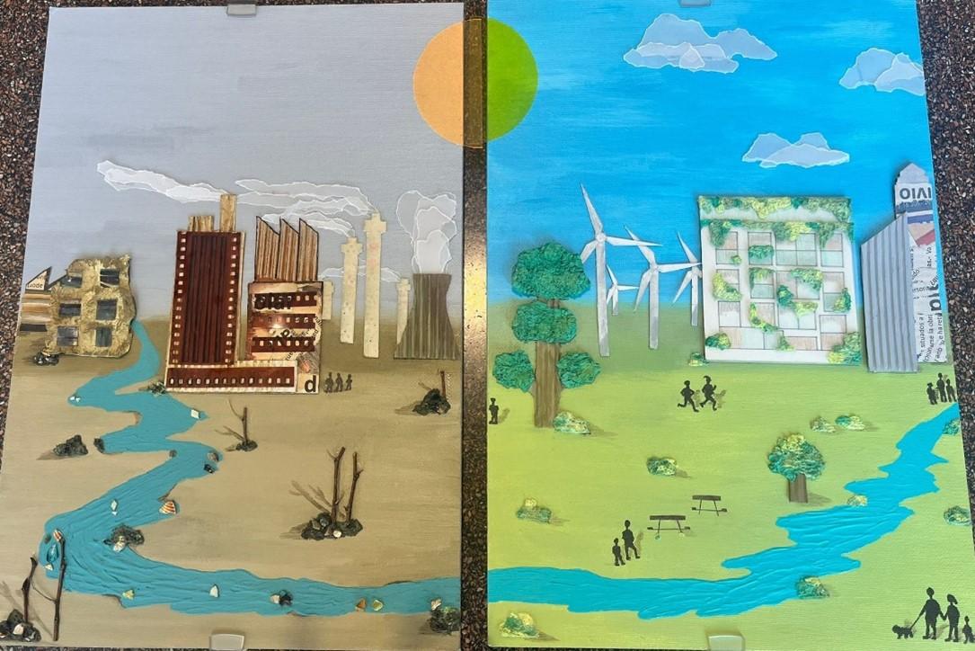 La imagen muestra un contraste visual entre un paisaje urbano contaminado y una representación de un entorno natural sostenible.