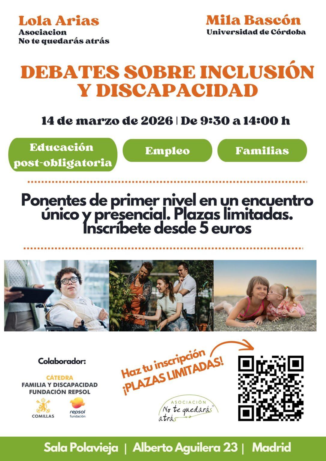 Cartel anunciador de un evento sobre inclusión y discapacidad con detalles de fecha y lugar.