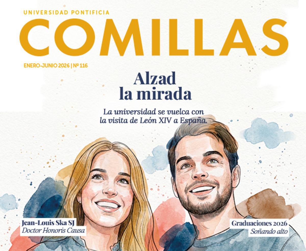 Portada de la revista Universitaria Pontificia Comillas con un diseño artístico que presenta a dos jóvenes sonriendo.