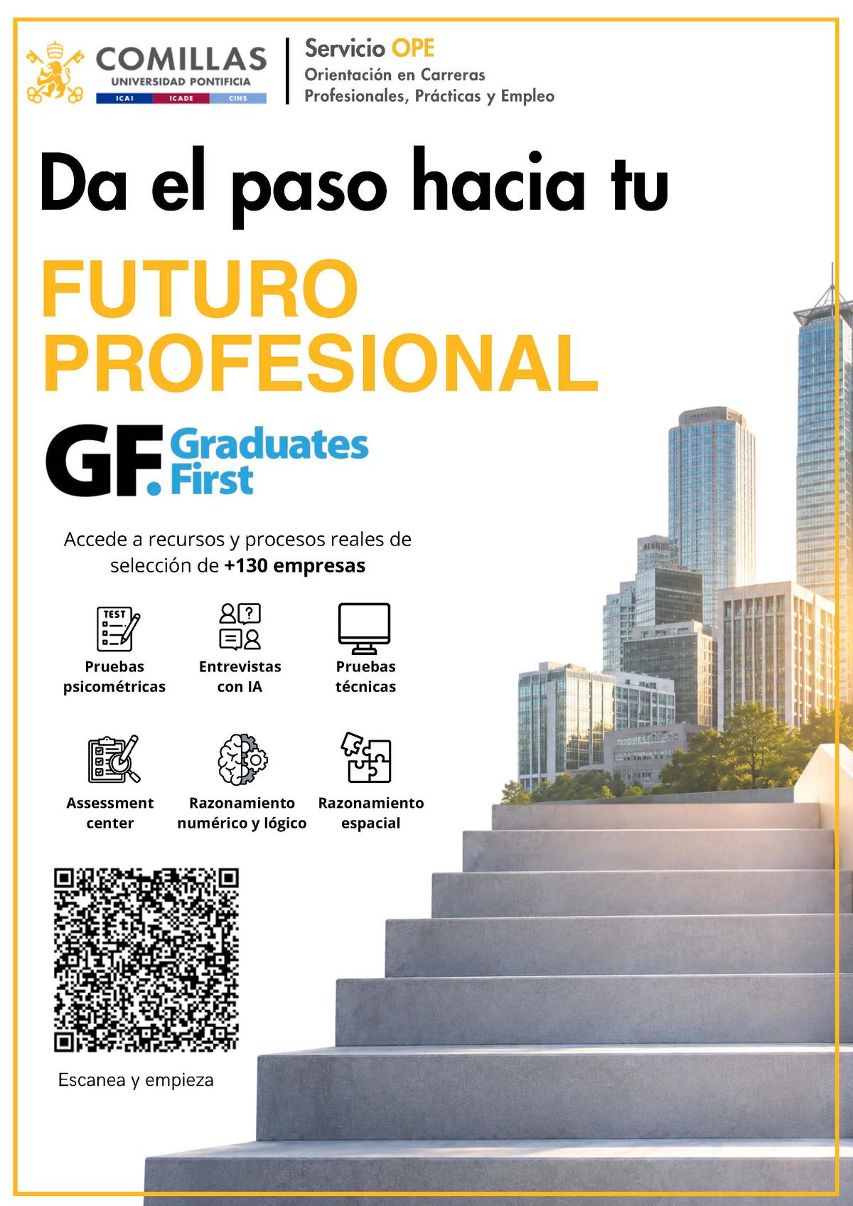 El cartel promocional invita a los graduados a avanzar hacia su futuro profesional con recursos y procesos de selección.