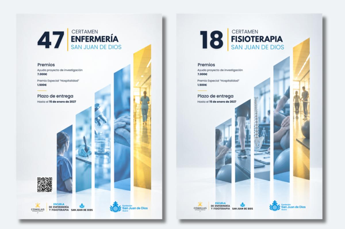 Carteles informativos sobre los certámenes de Enfermería y Fisioterapia en San Juan de Dios.