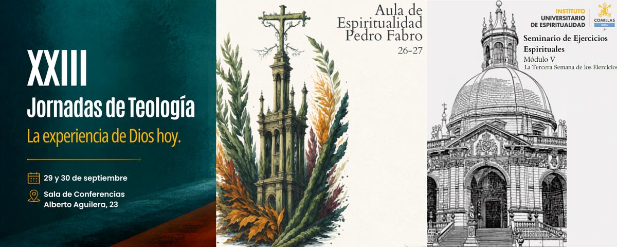 La imagen presenta un anuncio de las XXI Jornadas de Teología, centradas en la experiencia de Dios, junto a ilustraciones de un edificio y un evento educativo.