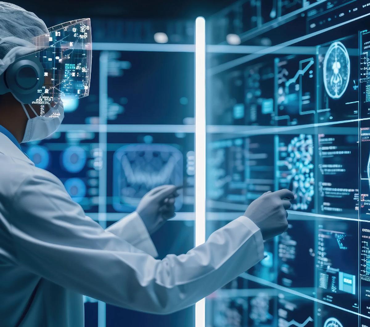 Un científico interactúa con una pantalla de datos digitales en un entorno de alta tecnología.