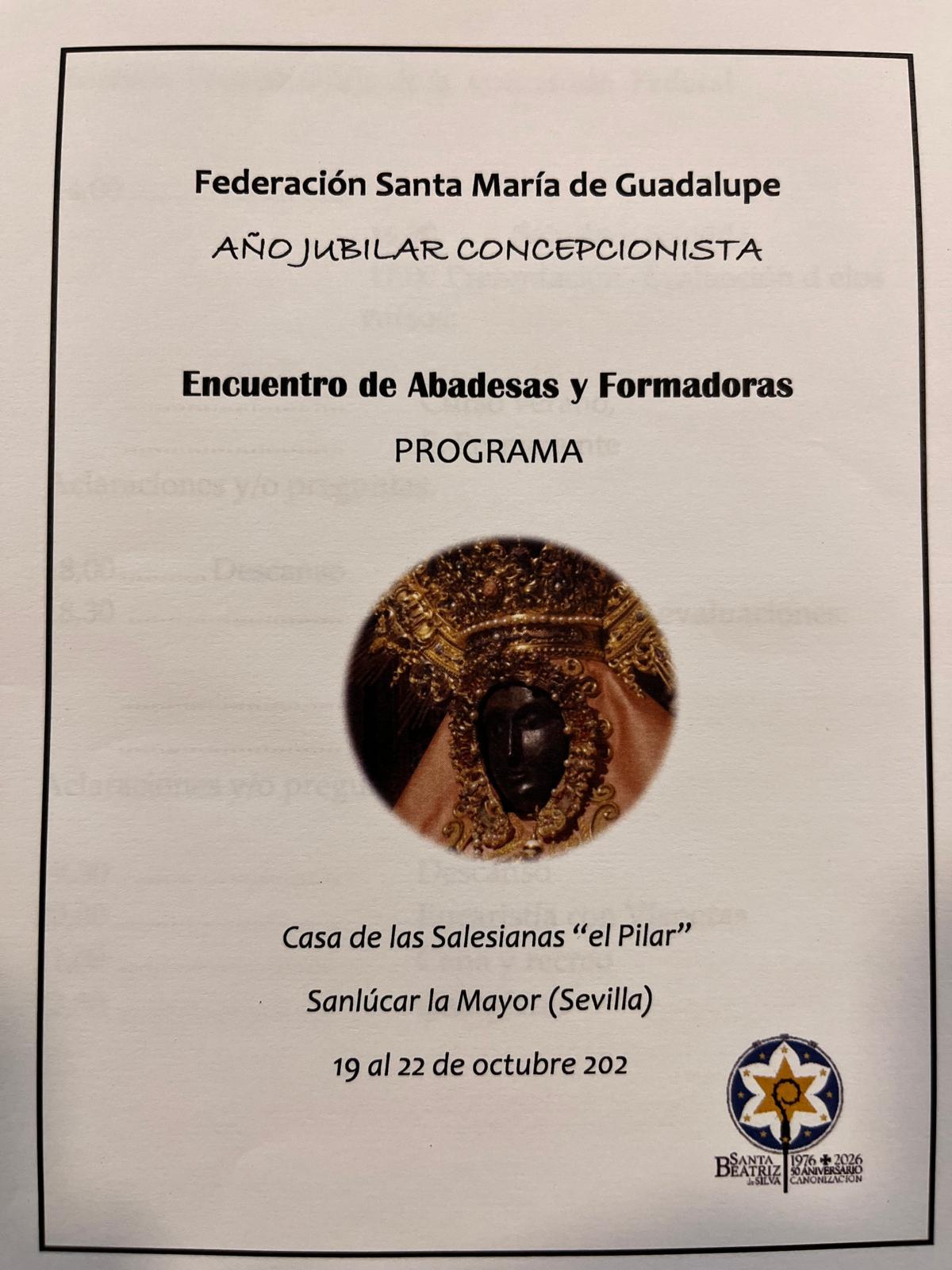 Programa del Encuentro de Abadesas y Formadoras organizado por la Federación Santa María de Guadalupe.